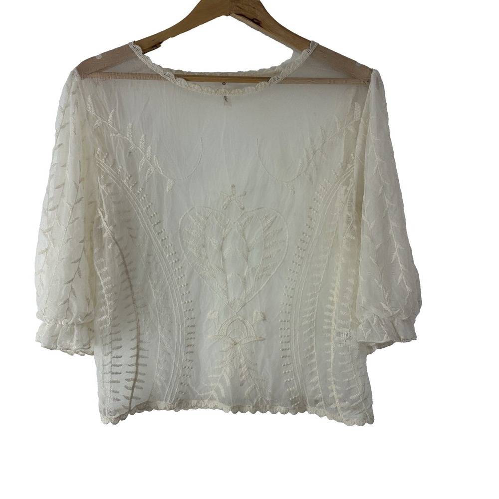 Fairy Coquette Top Ivory Womens Medium Floral Embroidered‎ Mesh Romantic Scallop